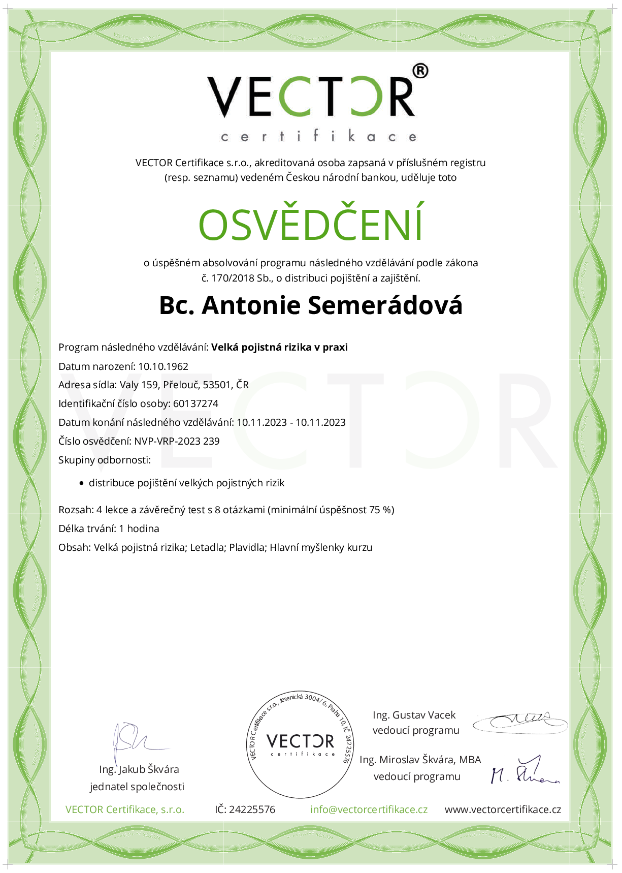 Osvědčení kurzu: Velká pojistná rizika v praxi (NVP-VRP-2023)