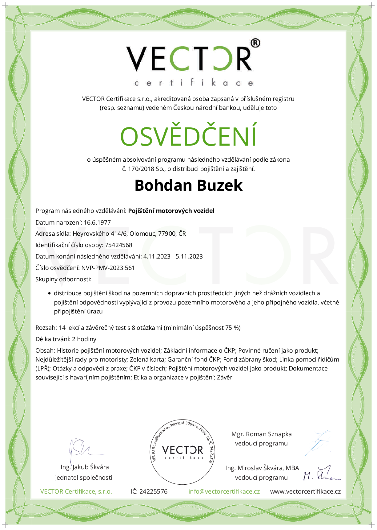 Osvědčení kurzu: Pojištění motorových vozidel (NVP-PMV-2023)