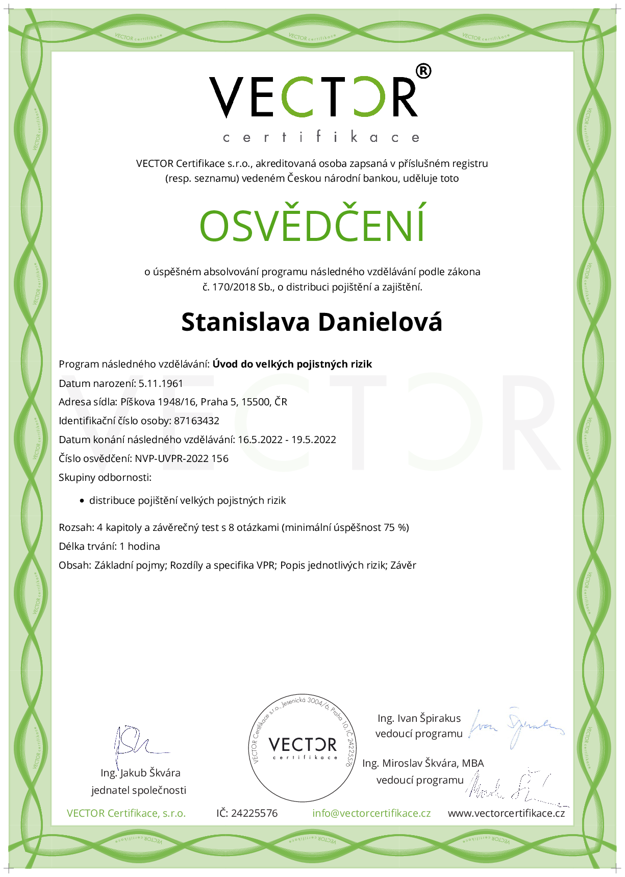 Osvědčení kurzu: Úvod do velkých pojistných rizik (NVP-UVPR-2022)