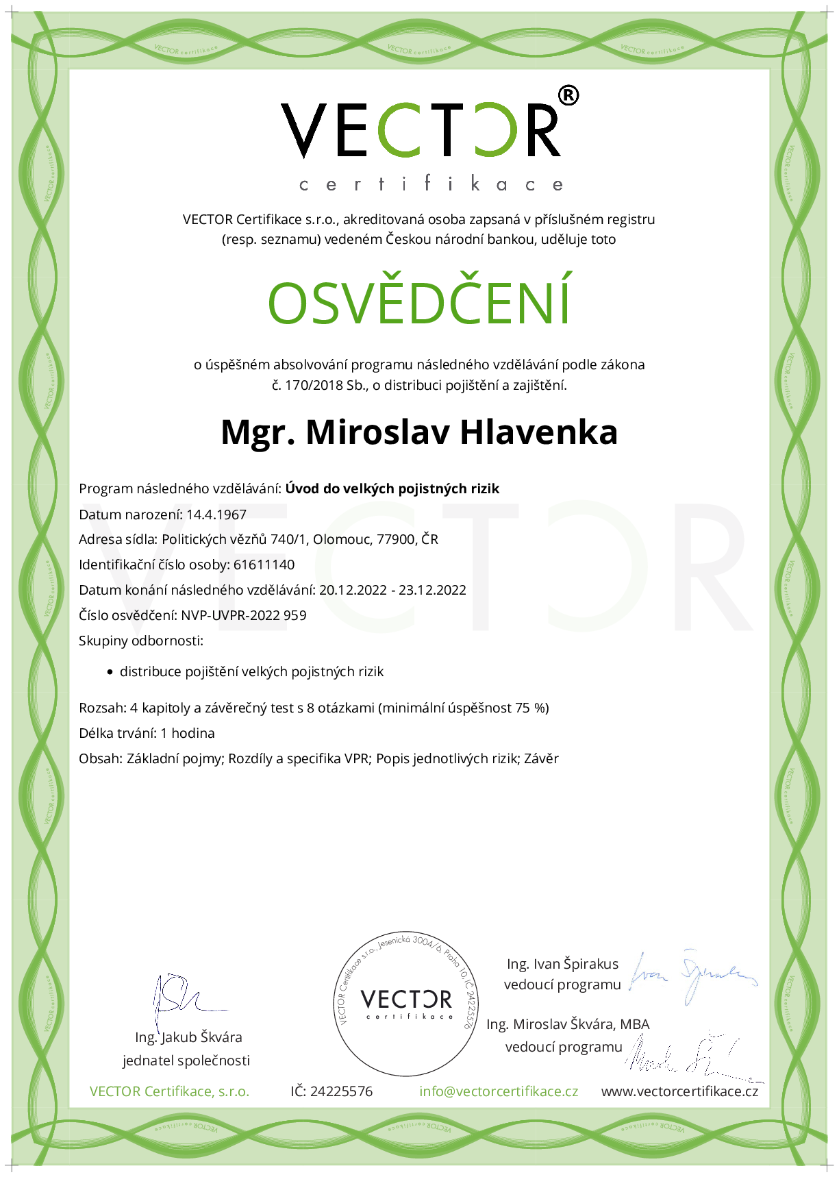 Osvědčení kurzu: Úvod do velkých pojistných rizik (NVP-UVPR-2022)