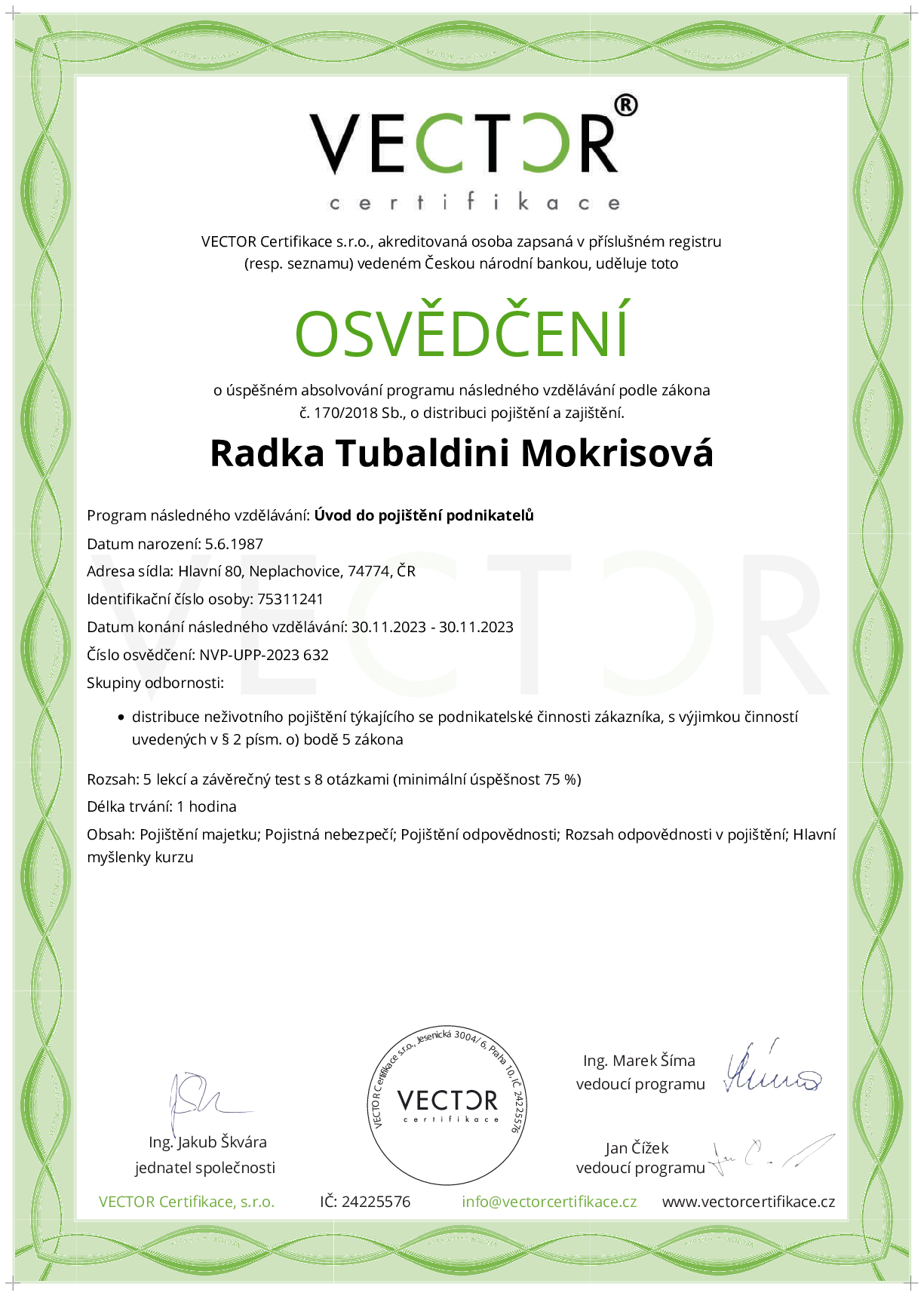 Osvědčení kurzu: Úvod do pojištění podnikatelů (NVP-UPP-2023)