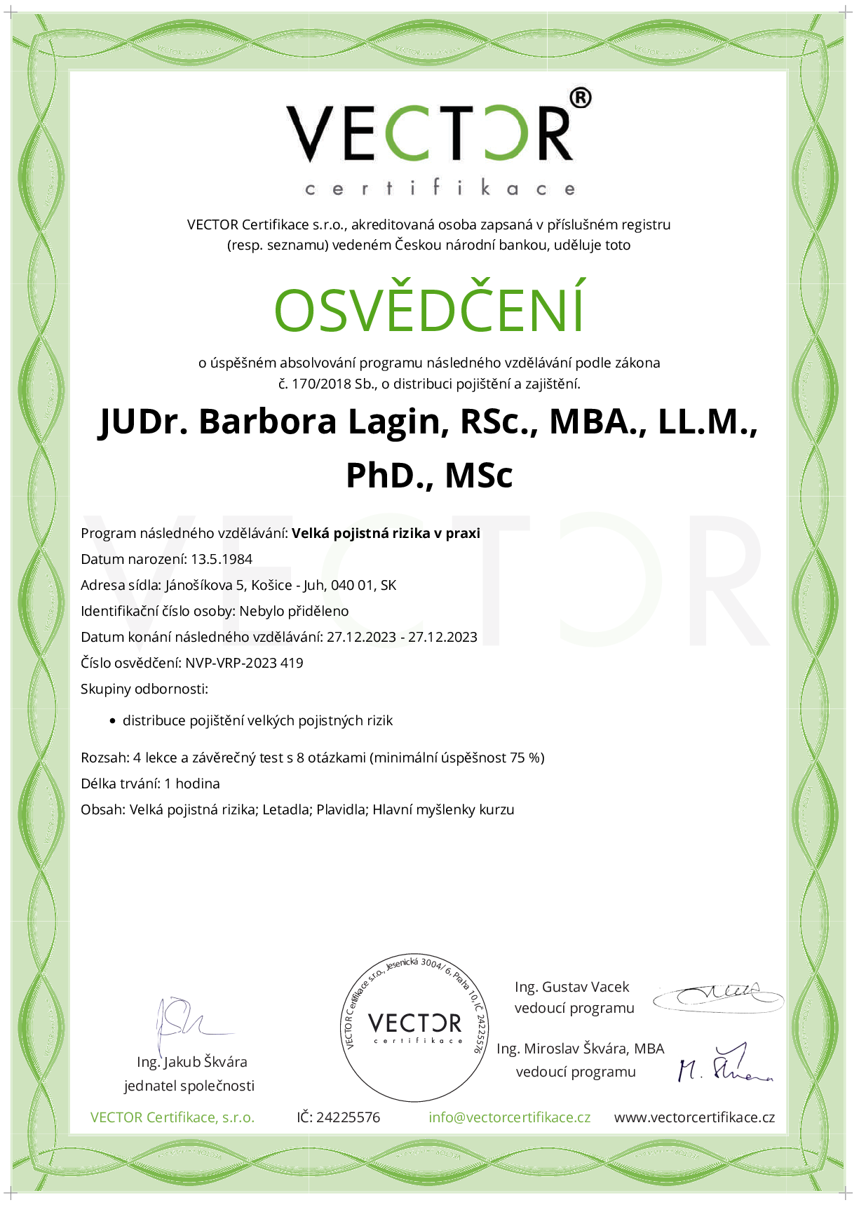 Osvědčení kurzu: Velká pojistná rizika v praxi (NVP-VRP-2023)