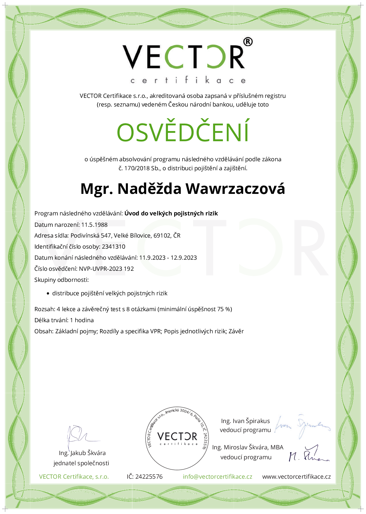 Osvědčení kurzu: Úvod do velkých pojistných rizik (NVP-UVPR-2023)