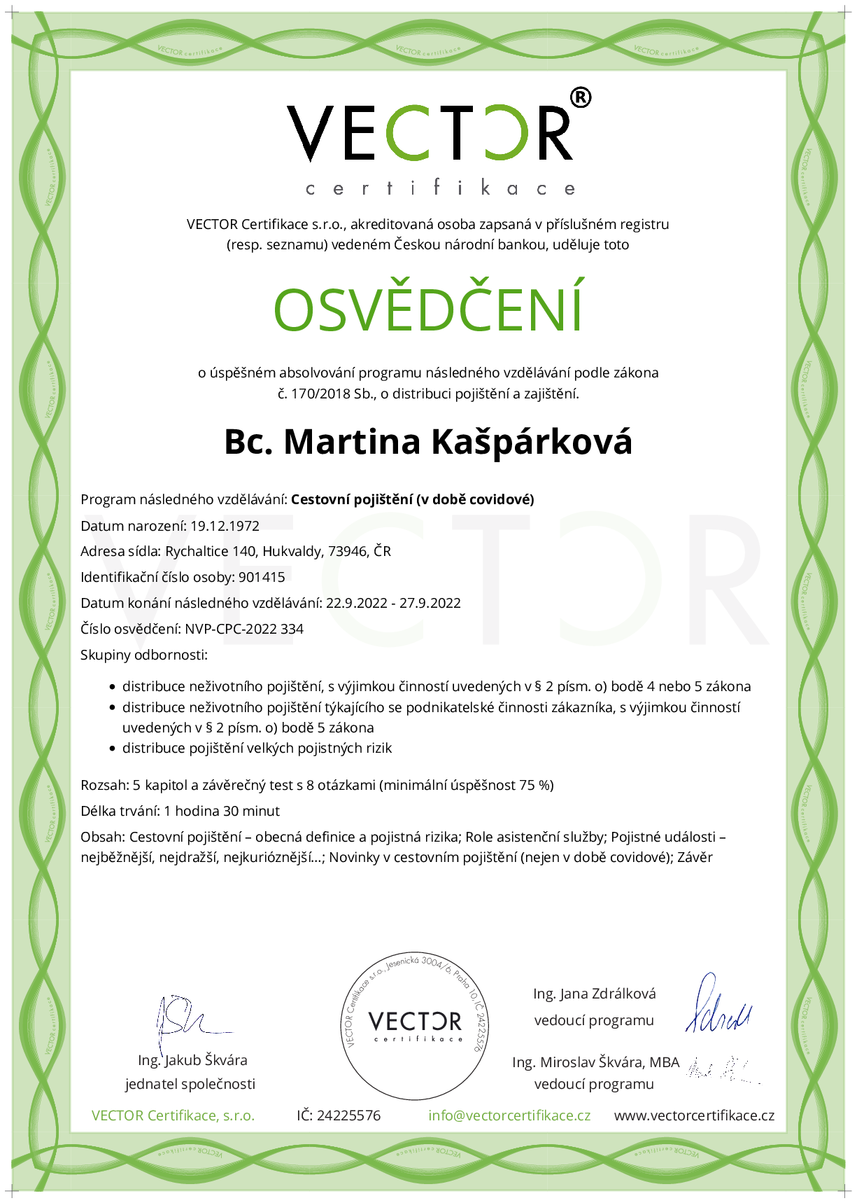 Osvědčení kurzu: Cestovní pojištění (v době covidové) (NVP-CPC-2022)