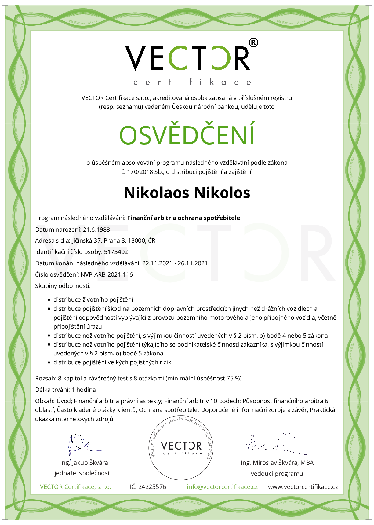 Osvědčení kurzu: Finanční arbitr a ochrana spotřebitele (NVP-ARB-2021)