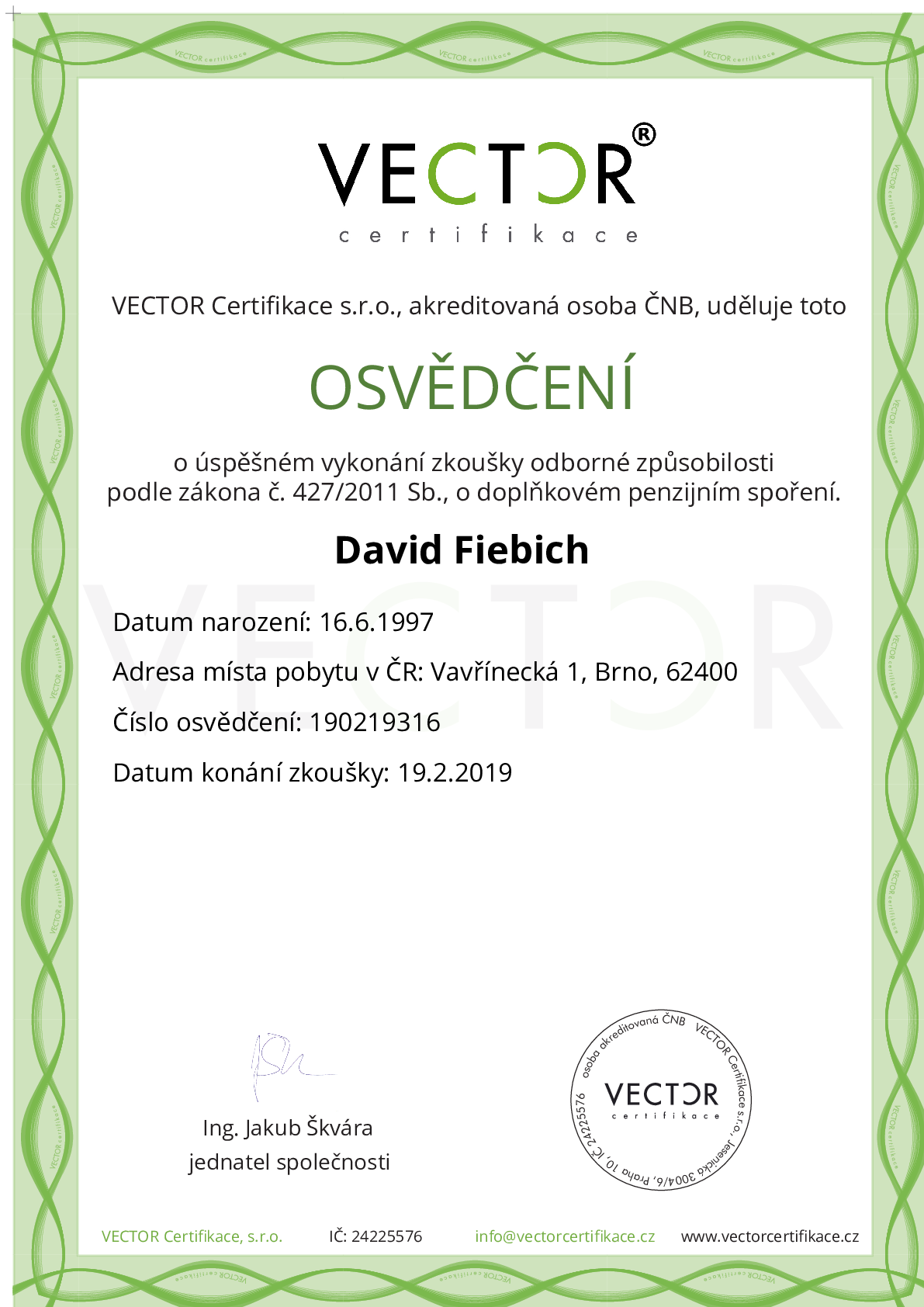 Osvědčení ze zkoušky: DPS - Doplňkové penzijní spoření