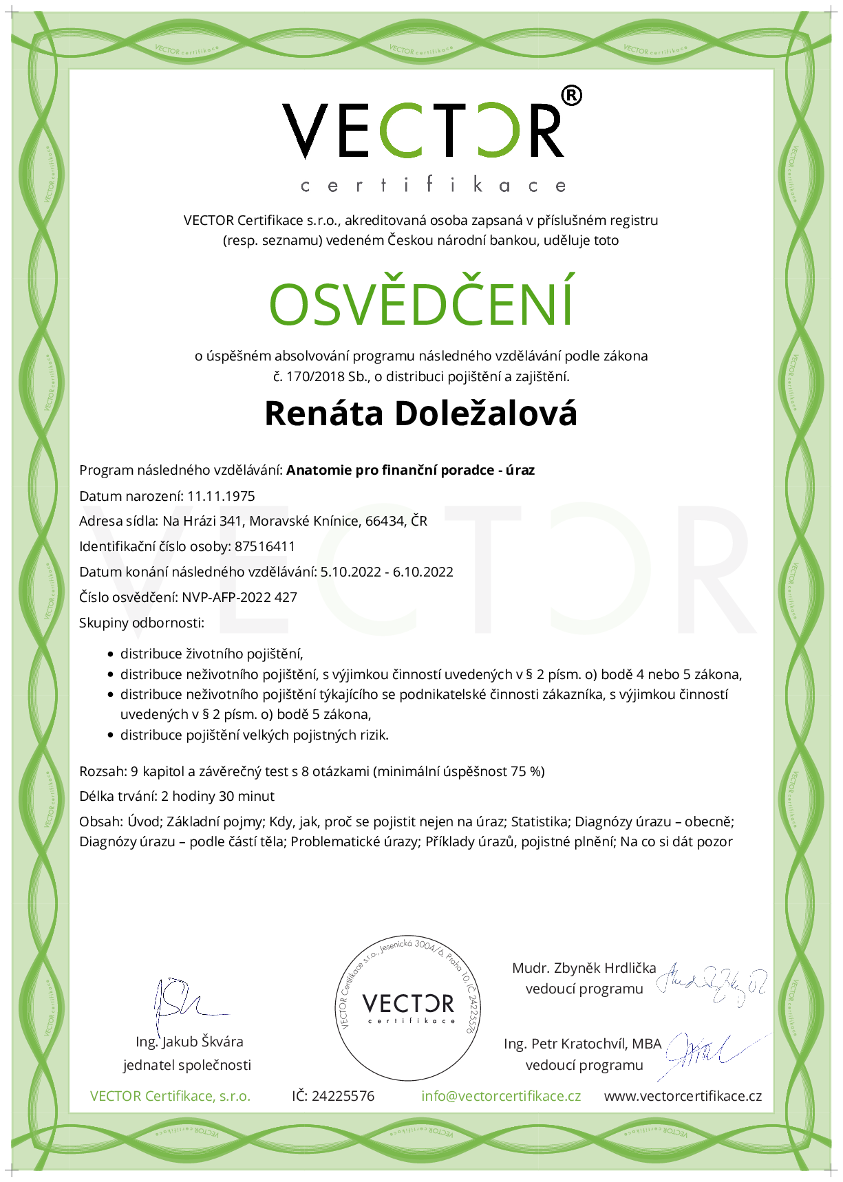 Osvědčení kurzu: Anatomie pro finanční poradce - úraz (NVP-AFP-2022)