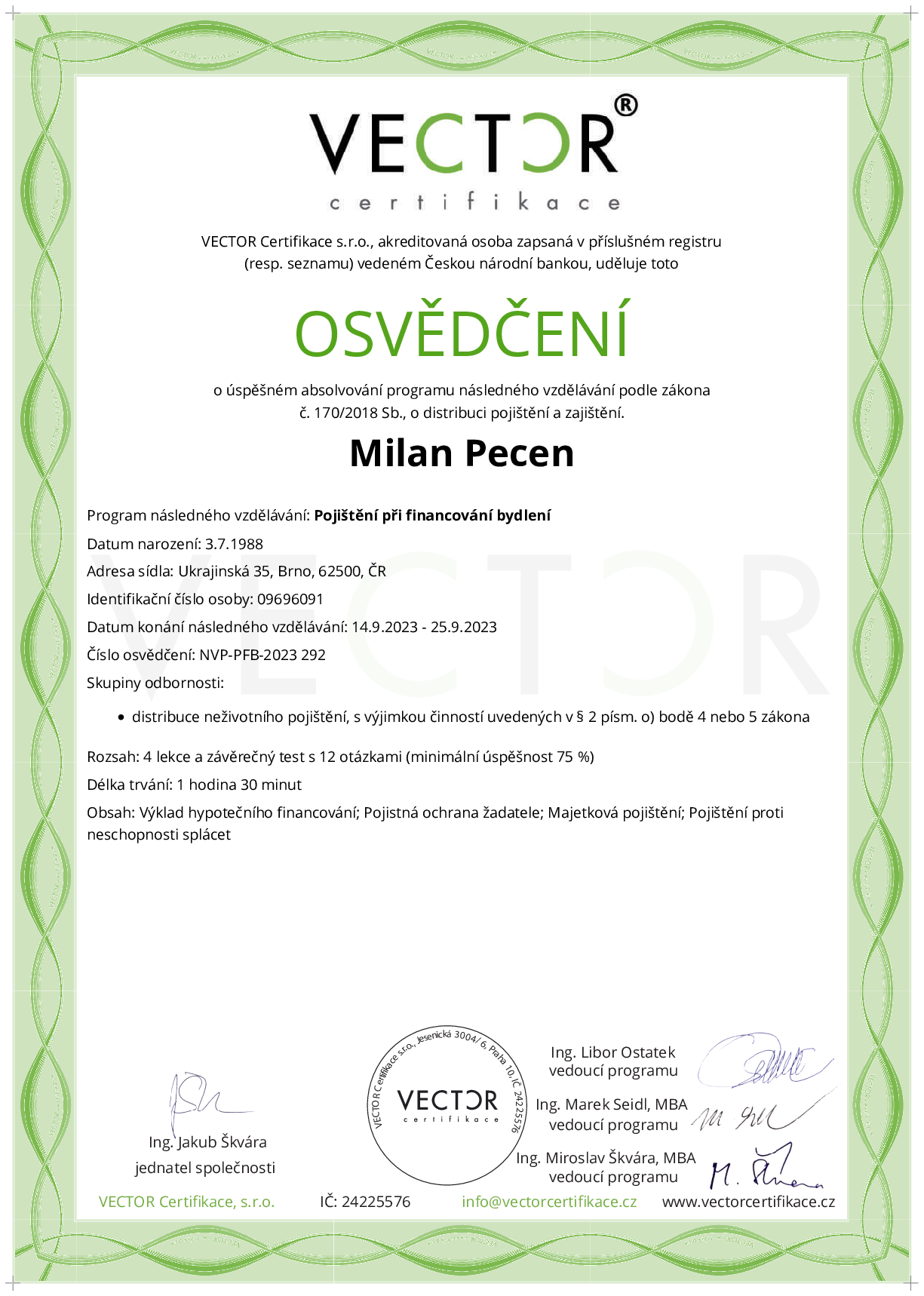 Osvědčení kurzu: Pojištění při financování bydlení (NVP-PFB-2023)