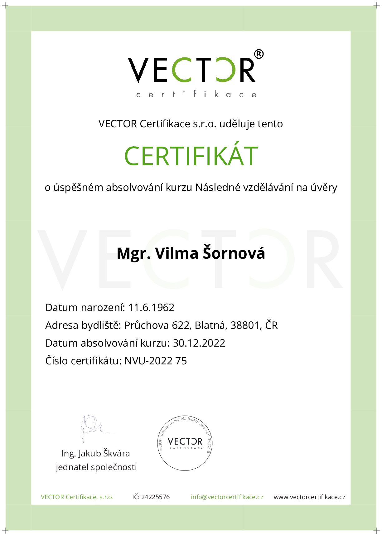 Osvědčení kurzu: Následné vzdělávání na úvěry (NVU-2022)