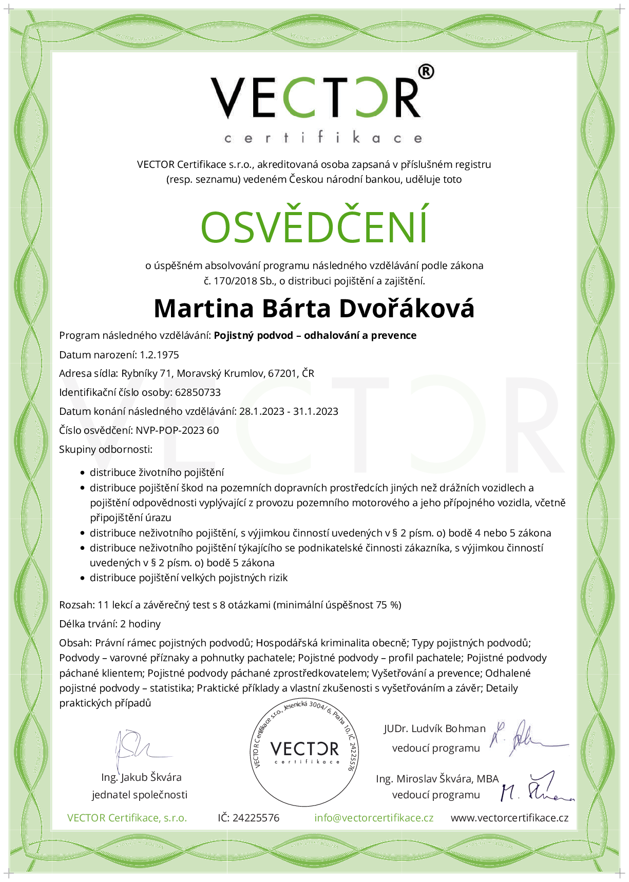 Osvědčení kurzu: Pojistný podvod – odhalování a prevence (NVP-POP-2023)