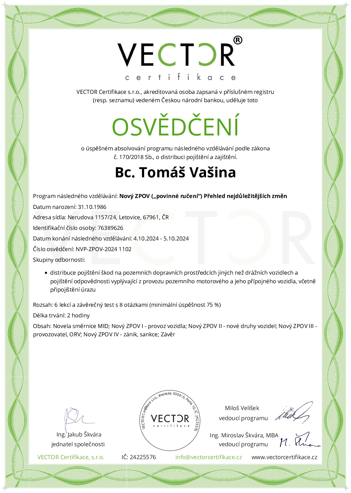 Osvědčení kurzu: Nový ZPOV („povinné ručení“) Přehled nejdůležitějších změn (NVP-ZPOV-2024)