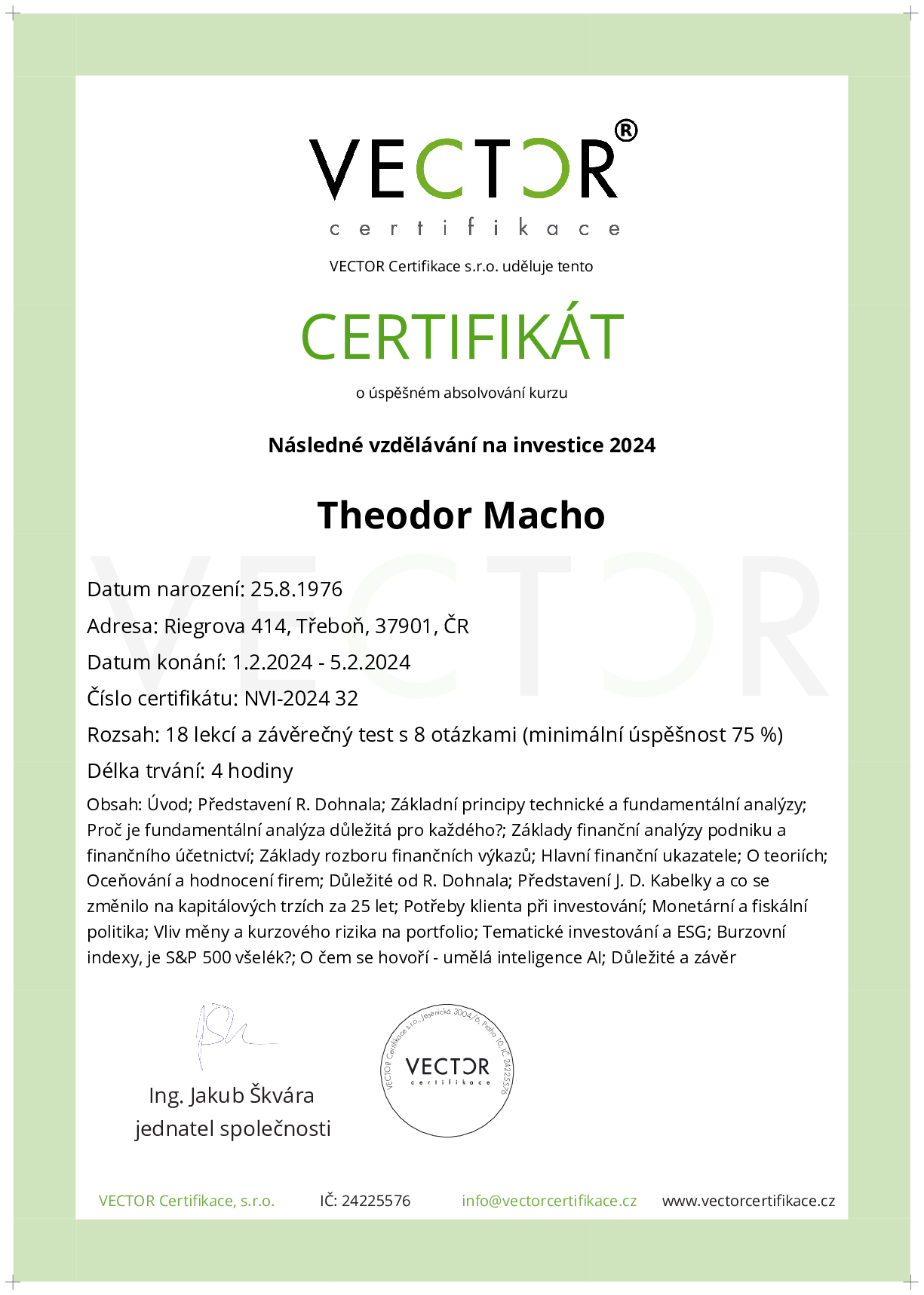 Osvědčení kurzu: Následné vzdělávání na investice 2024 (NVI-2024)