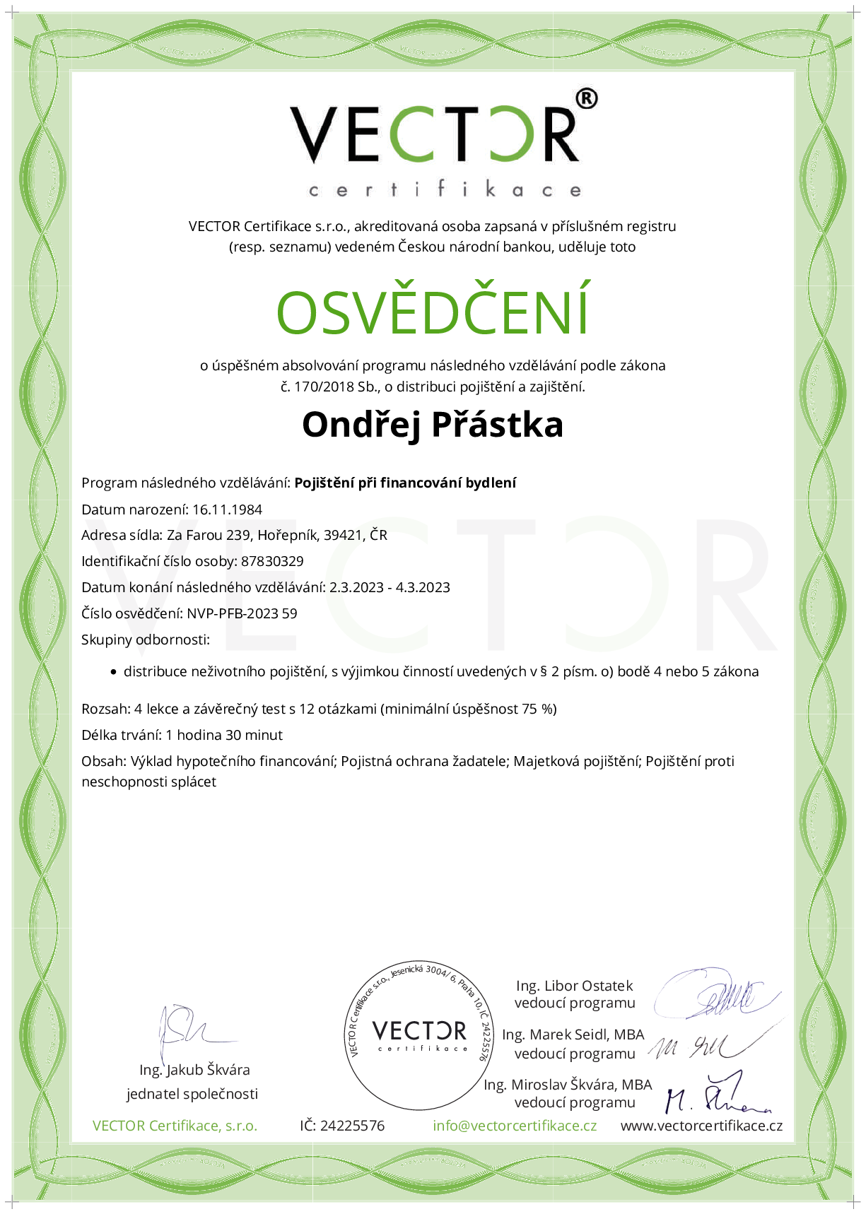 Osvědčení kurzu: Pojištění při financování bydlení (NVP-PFB-2023)
