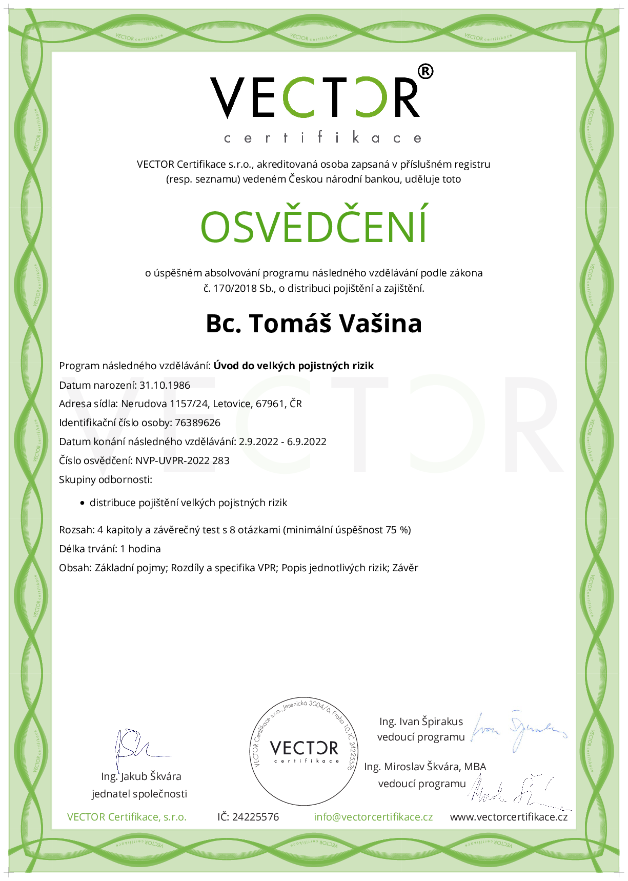 Osvědčení kurzu: Úvod do velkých pojistných rizik (NVP-UVPR-2022)