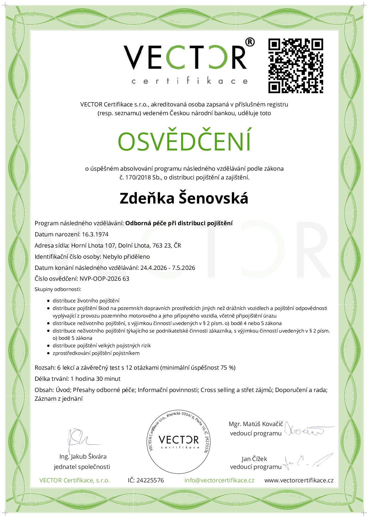 Osvědčení kurzu: Odborná péče při distribuci pojištění (NVP-OOP-2026)