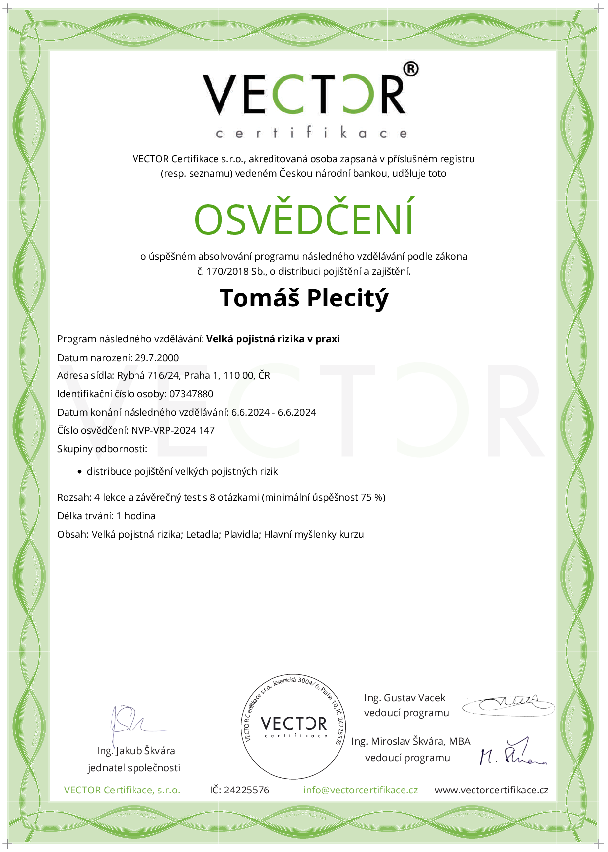 Osvědčení kurzu: Velká pojistná rizika v praxi (NVP-VRP-2024)