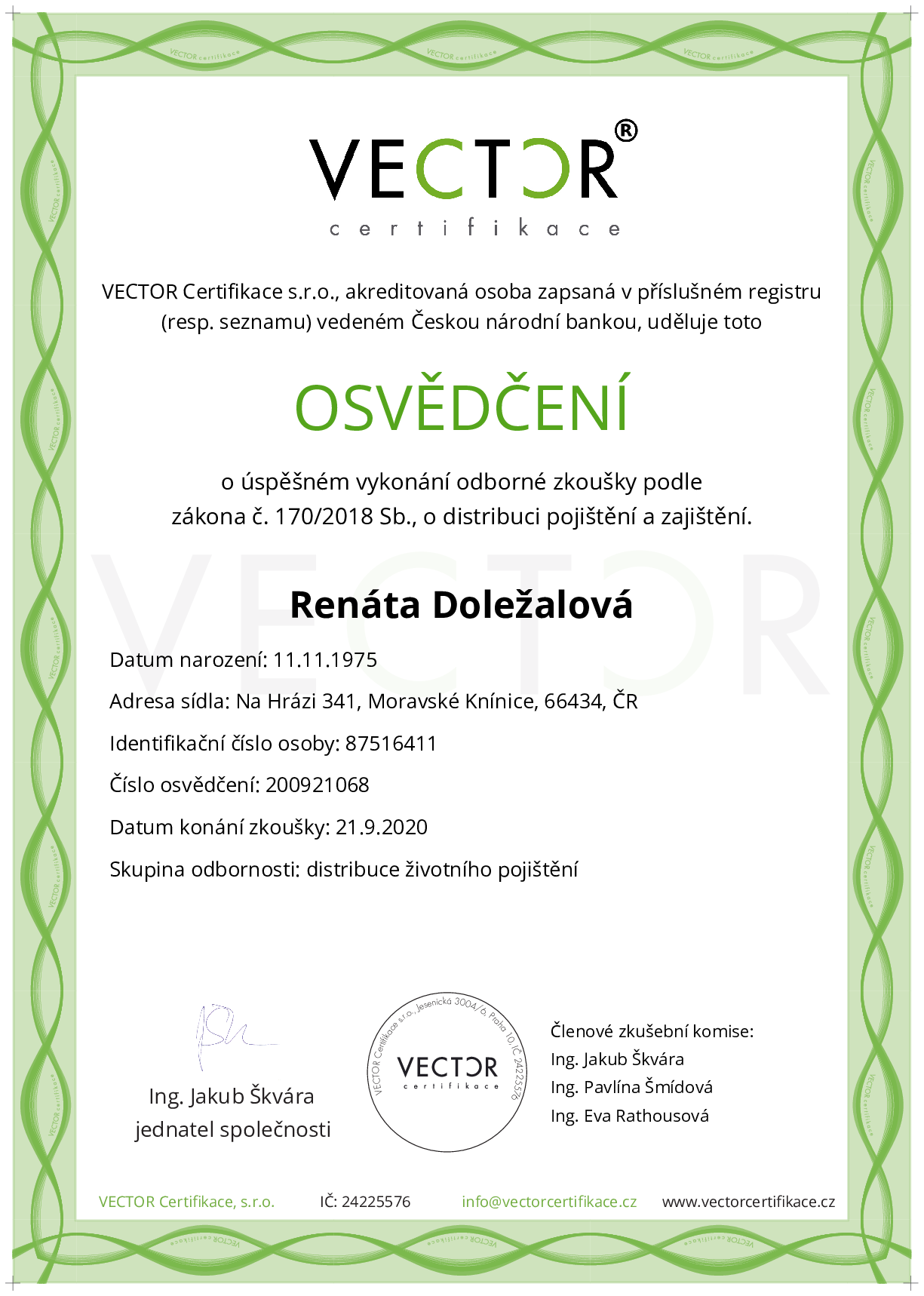 Osvědčení ze zkoušky: I. POJ-ZIV - Životní pojištění