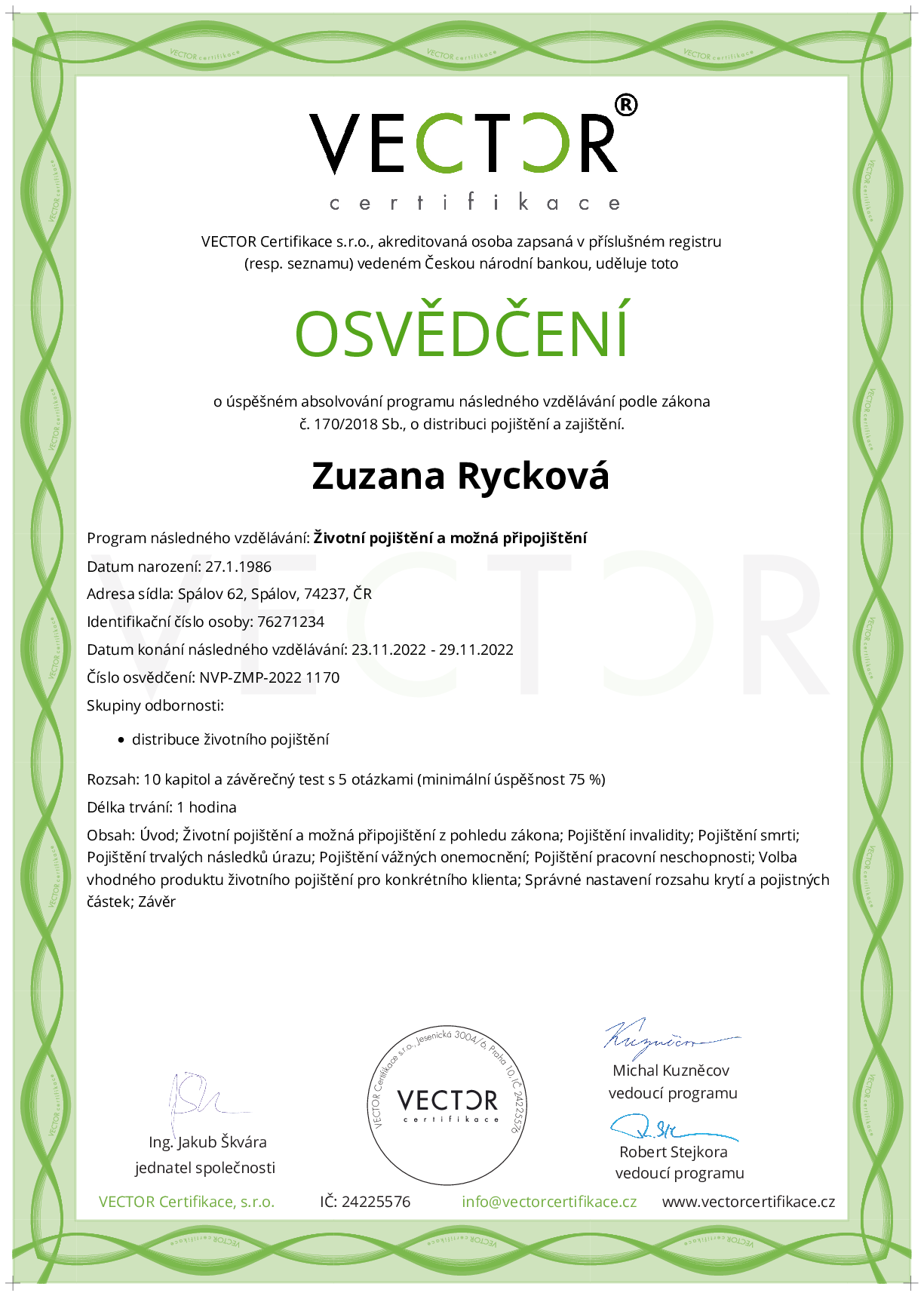 Osvědčení kurzu: Životní pojištění a možná připojištění (NVP-ZMP-2022)