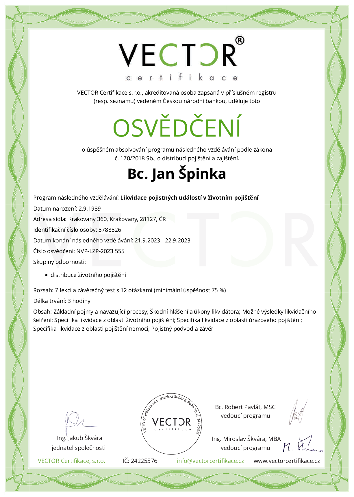 Osvědčení kurzu: Likvidace pojistných událostí v životním pojištění (NVP-LZP-2023)