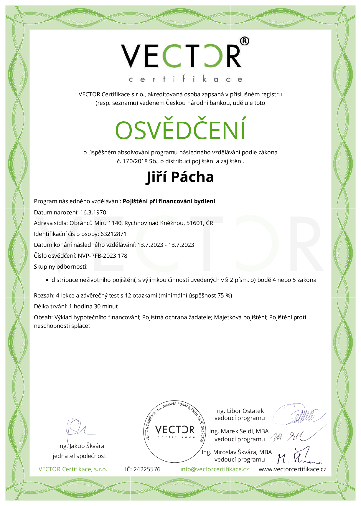 Osvědčení kurzu: Pojištění při financování bydlení (NVP-PFB-2023)