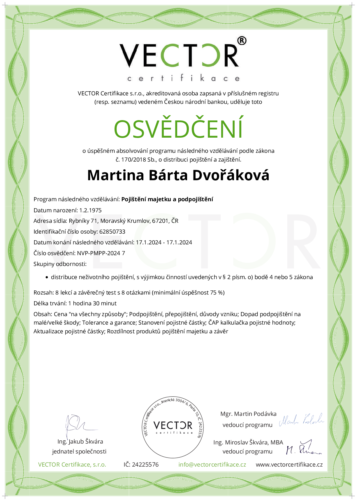 Osvědčení kurzu: Pojištění majetku a podpojištění (NVP-PMPP-2024)