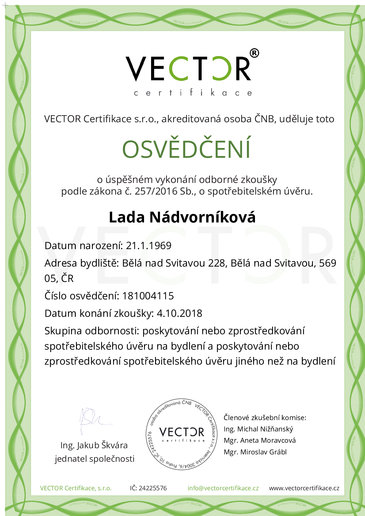 Osvědčení ze zkoušky: IV. ZSU-ABC - Souhrnná zkouška na úvěry