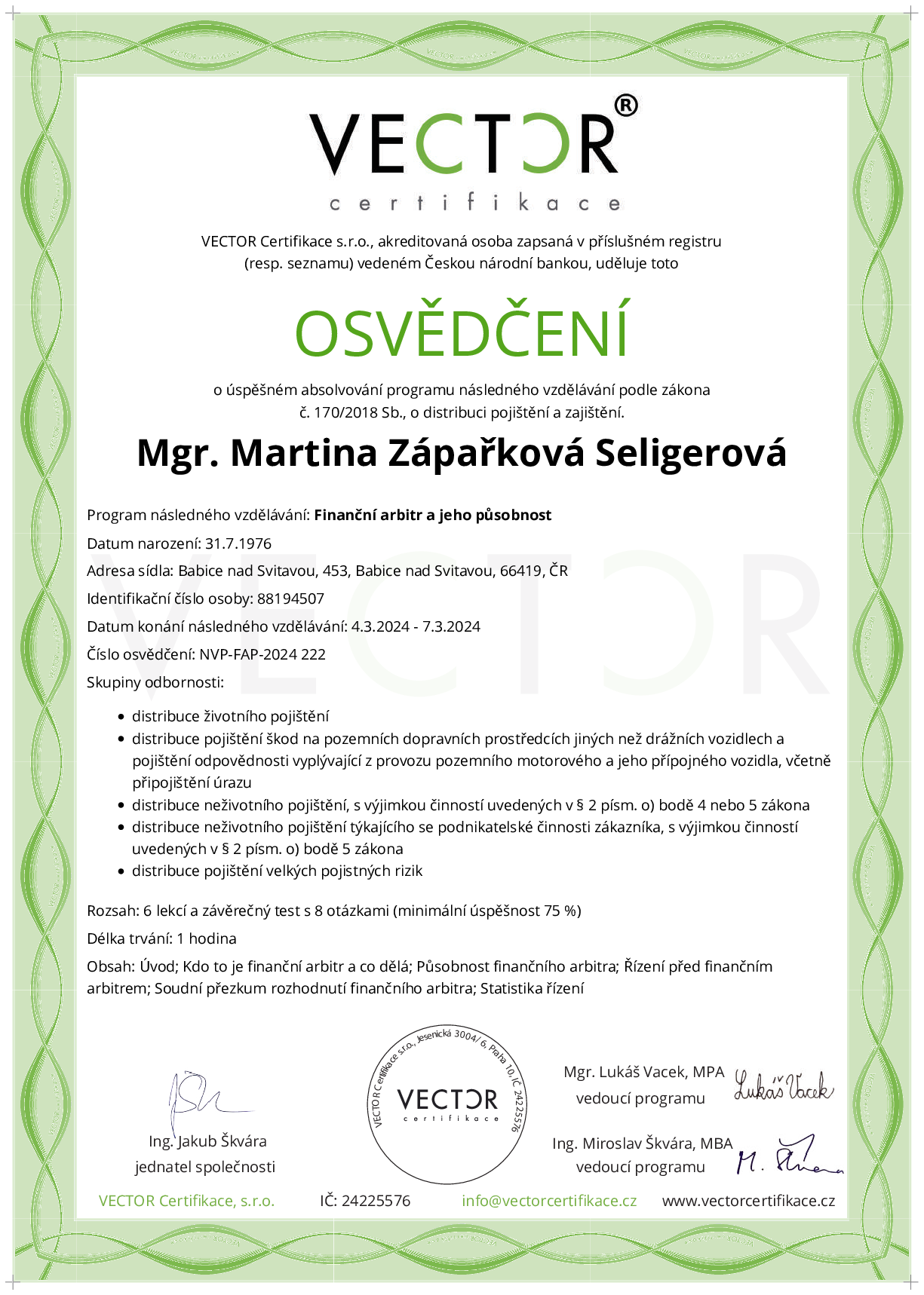 Osvědčení kurzu: Finanční arbitr a jeho působnost (NVP-FAP-2024)