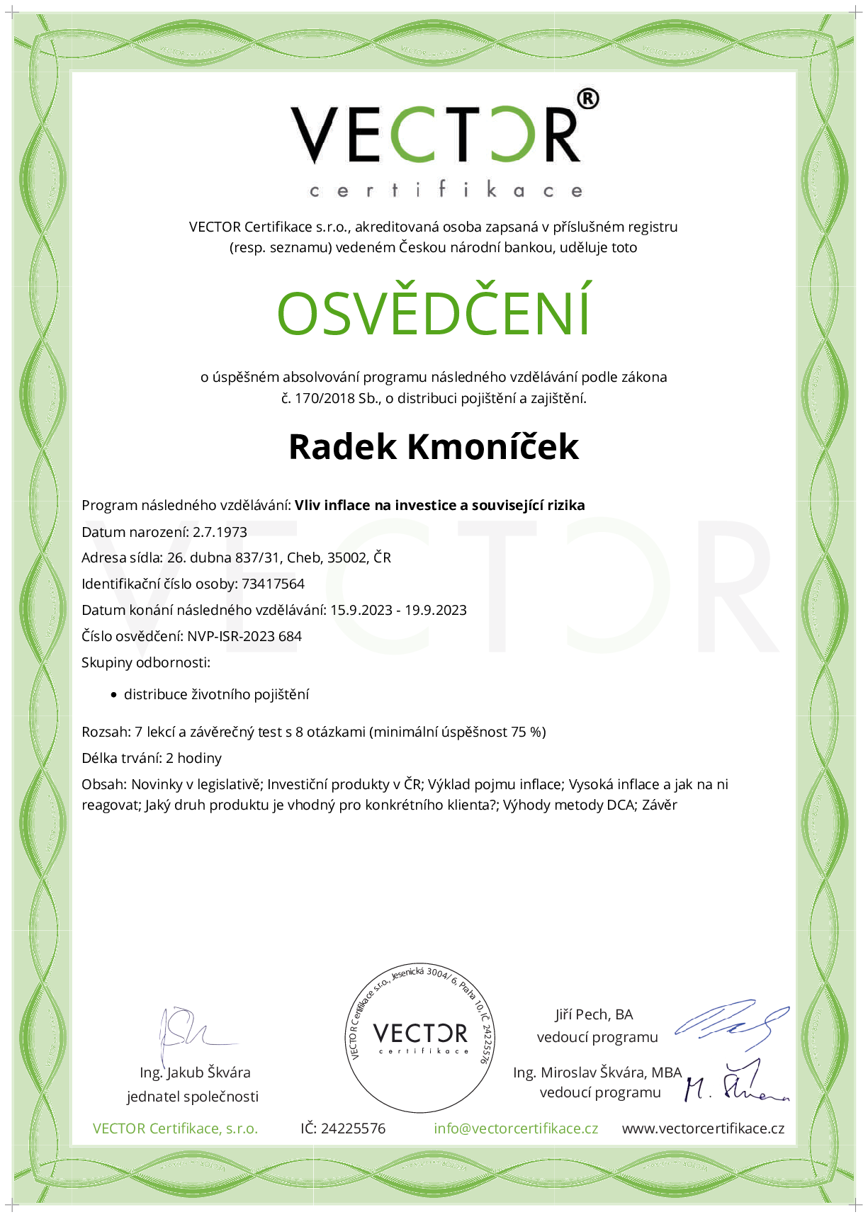 Osvědčení kurzu: Vliv inflace na investice a související rizika (NVP-ISR-2023)