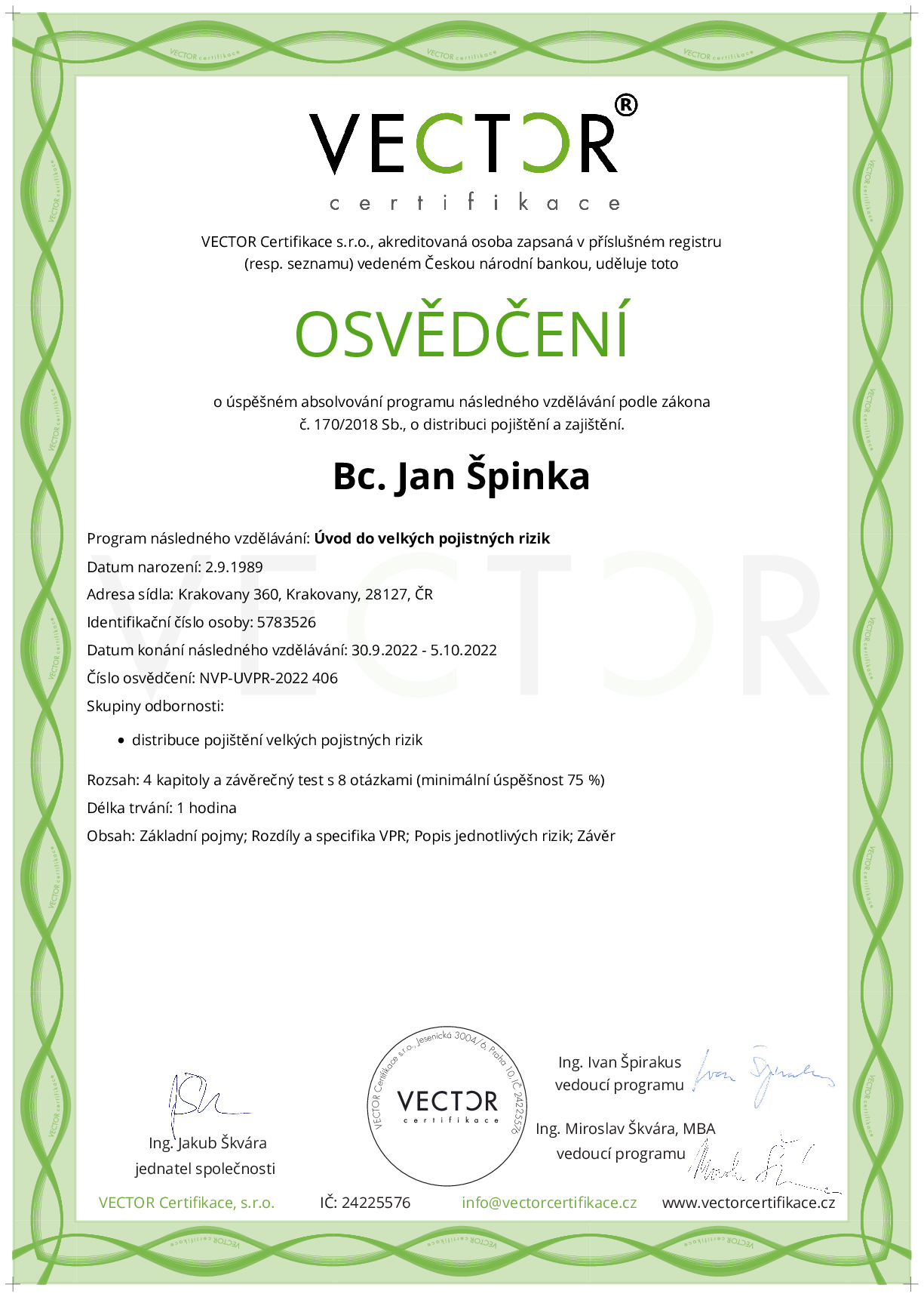 Osvědčení kurzu: Úvod do velkých pojistných rizik (NVP-UVPR-2022)