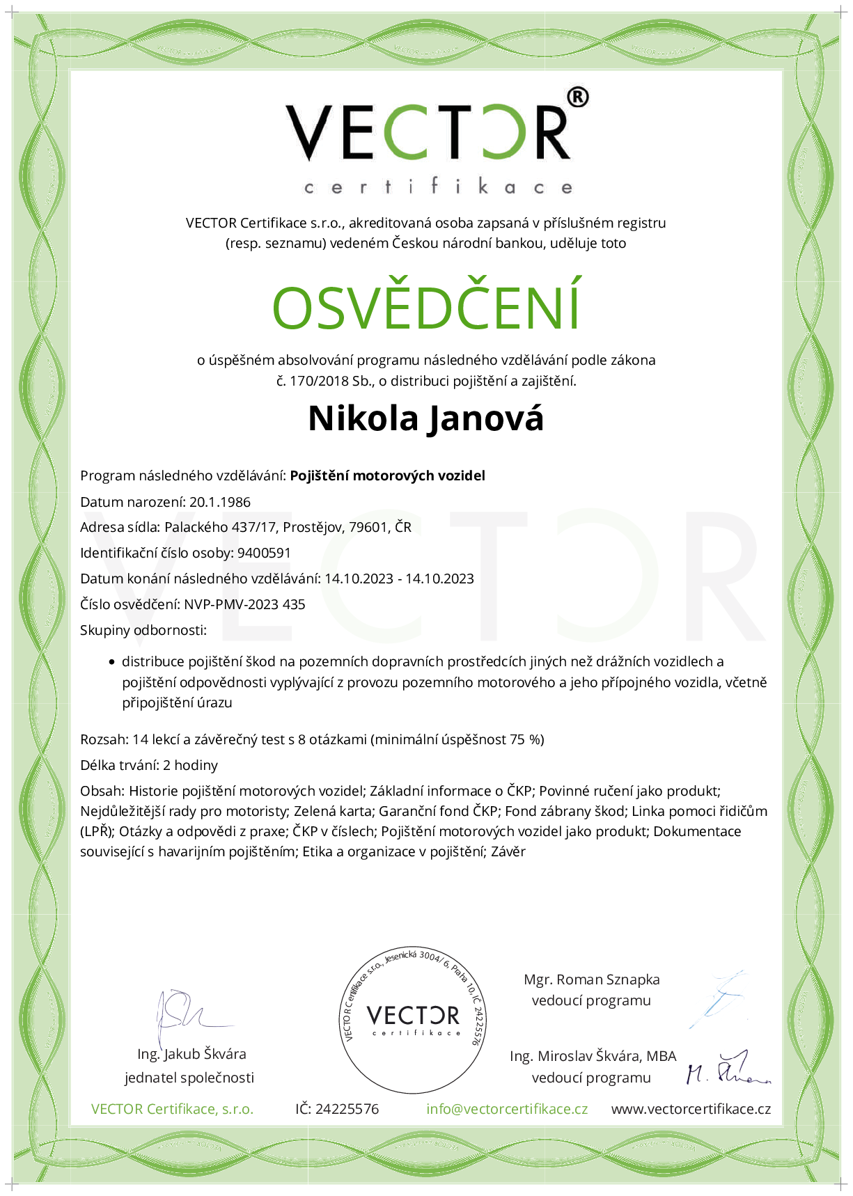 Osvědčení kurzu: Pojištění motorových vozidel (NVP-PMV-2023)
