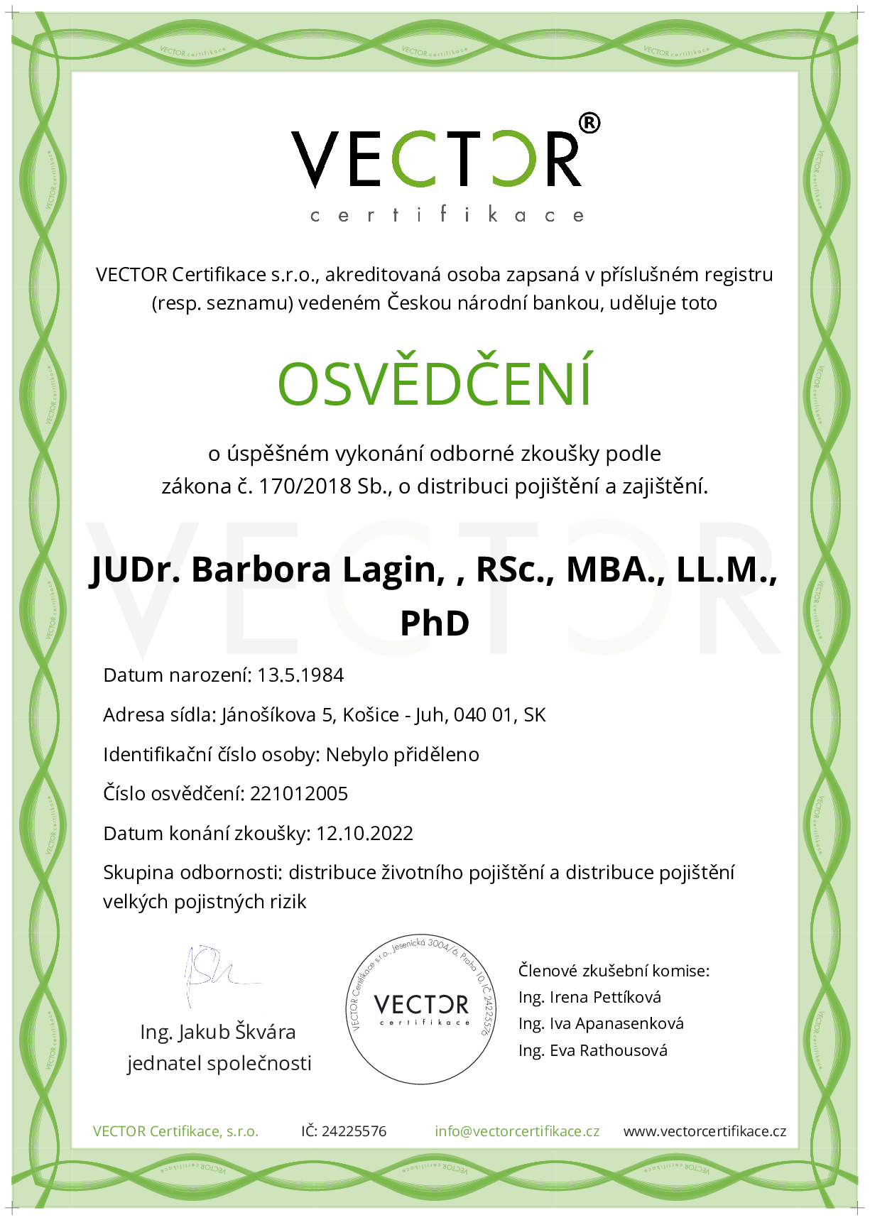 Osvědčení ze zkoušky: IX. POJ-ABC - Souhrnná zkouška na pojištění