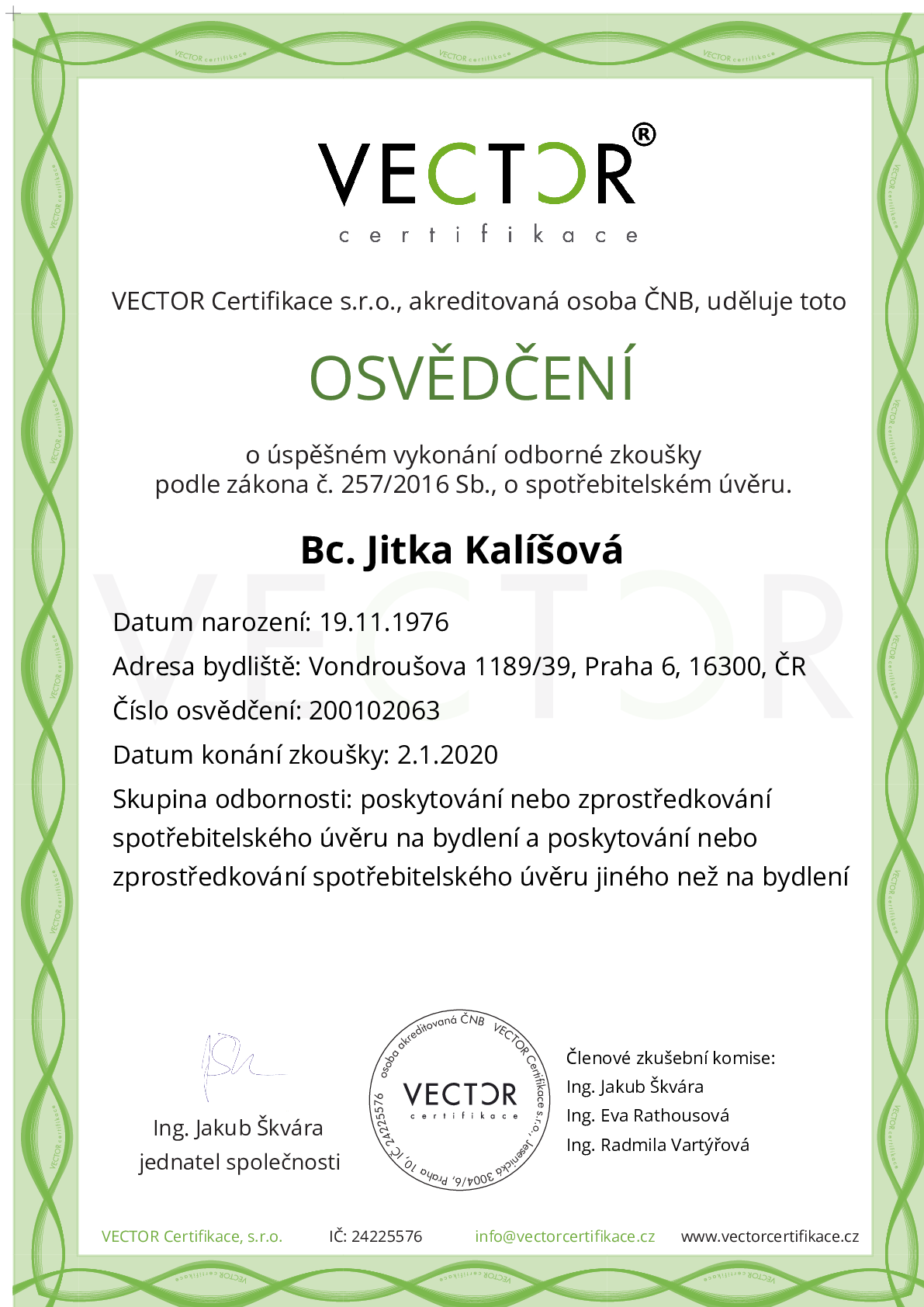 Osvědčení ze zkoušky: IV. ZSU-ABC - Souhrnná zkouška na úvěry