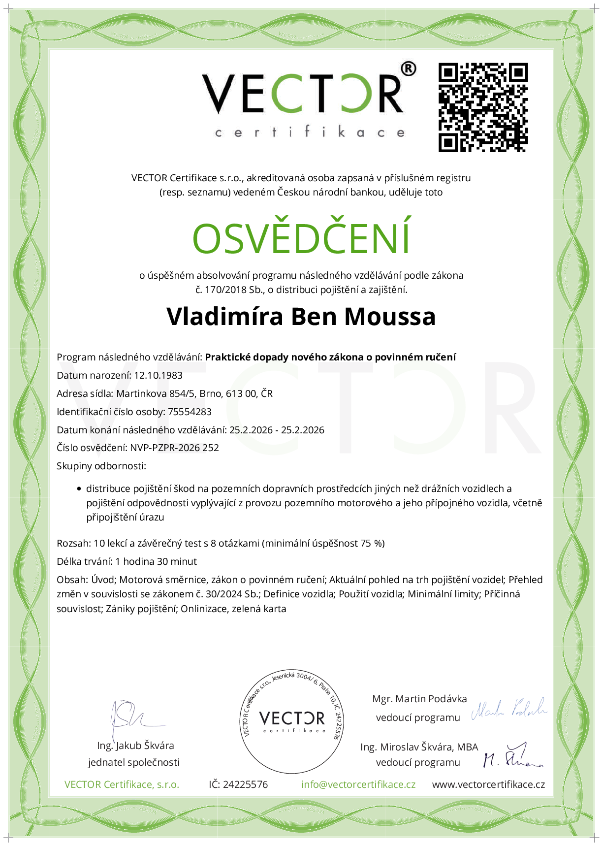 Osvědčení kurzu: Praktické dopady nového zákona o povinném ručení (NVP-PZPR-2026)