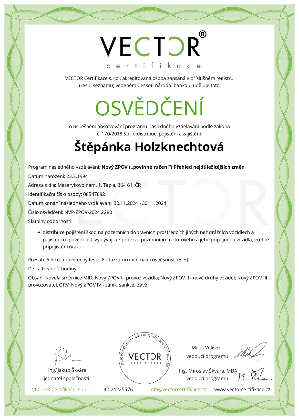 Osvědčení kurzu: Nový ZPOV („povinné ručení“) Přehled nejdůležitějších změn (NVP-ZPOV-2024)