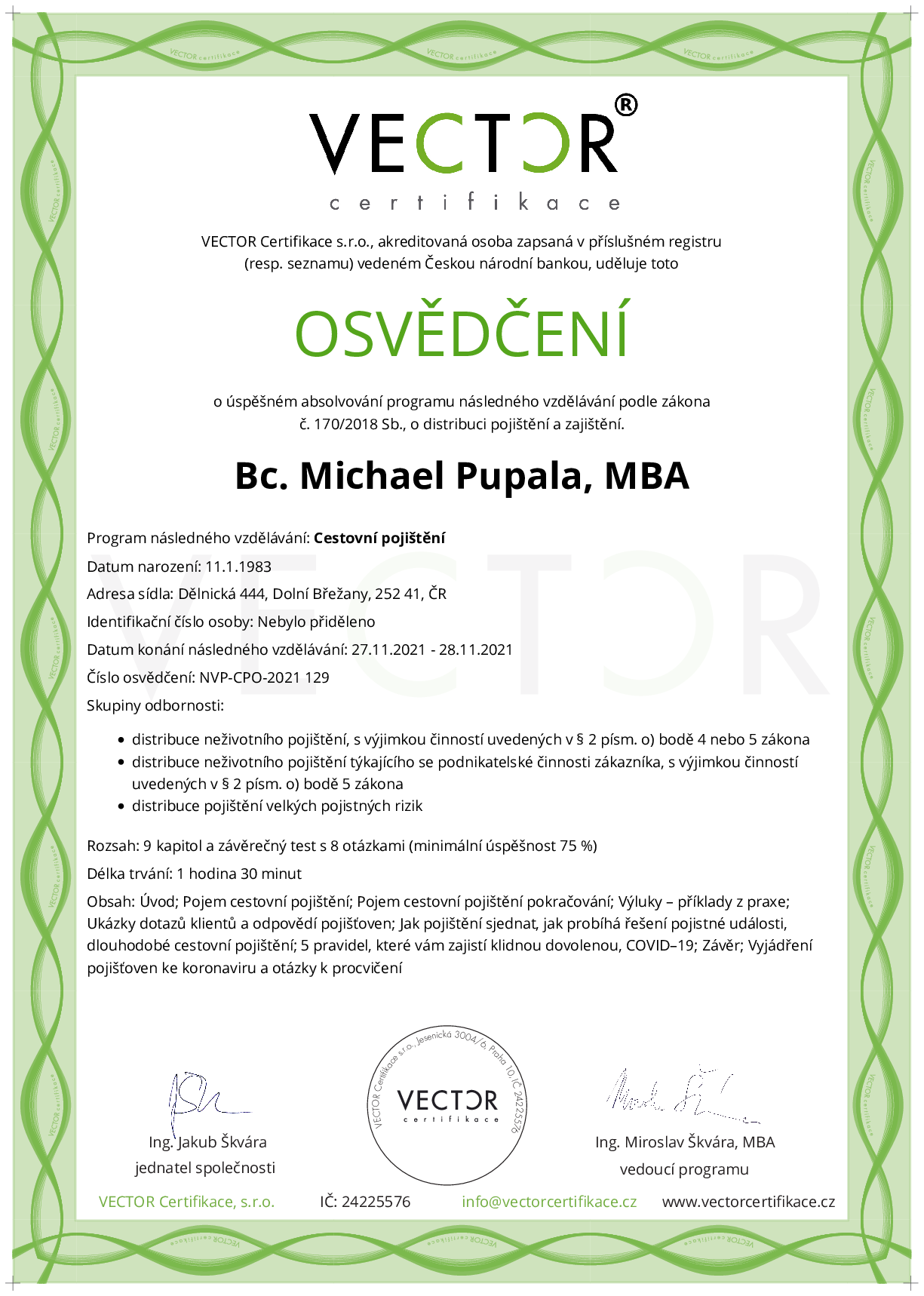 Osvědčení kurzu: Cestovní pojištění (NVP-CPO-2021)