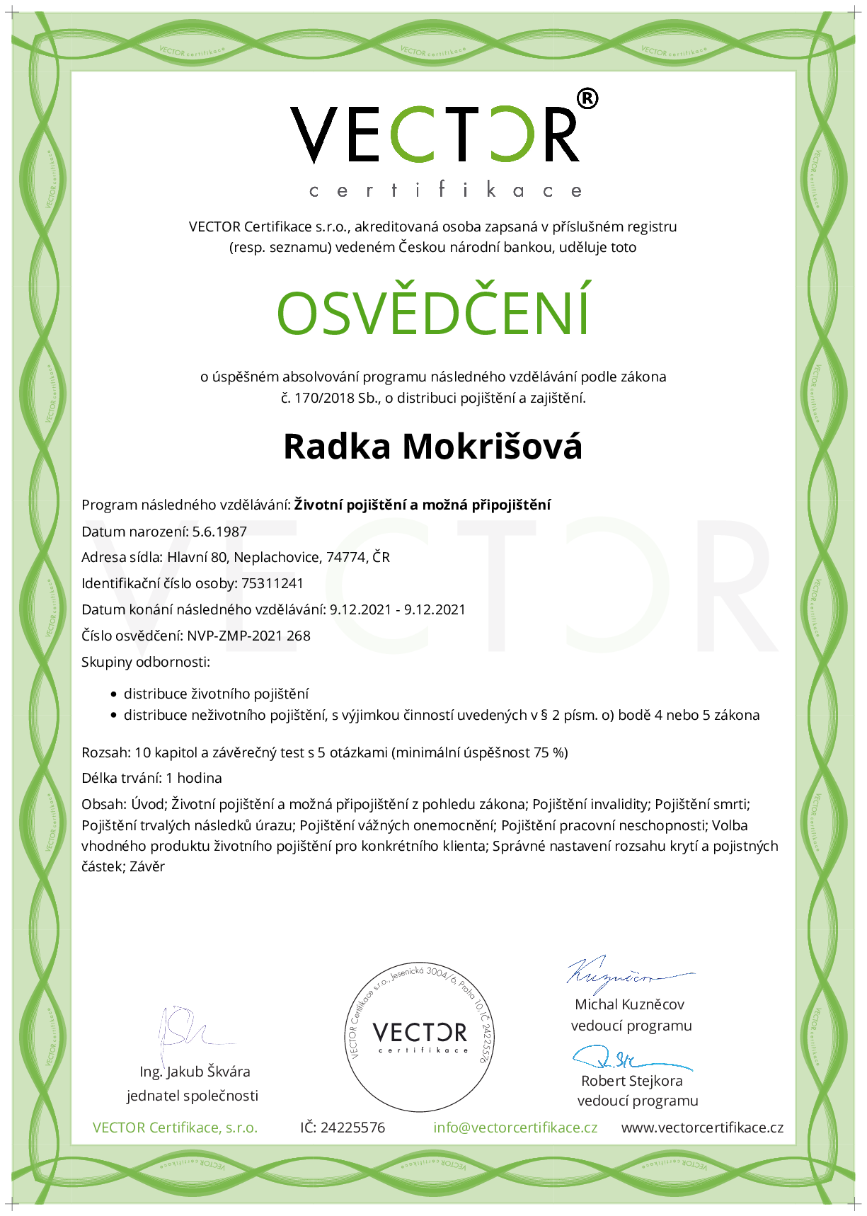 Osvědčení kurzu: Životní pojištění a možná připojištění (NVP-ZMP-2021)