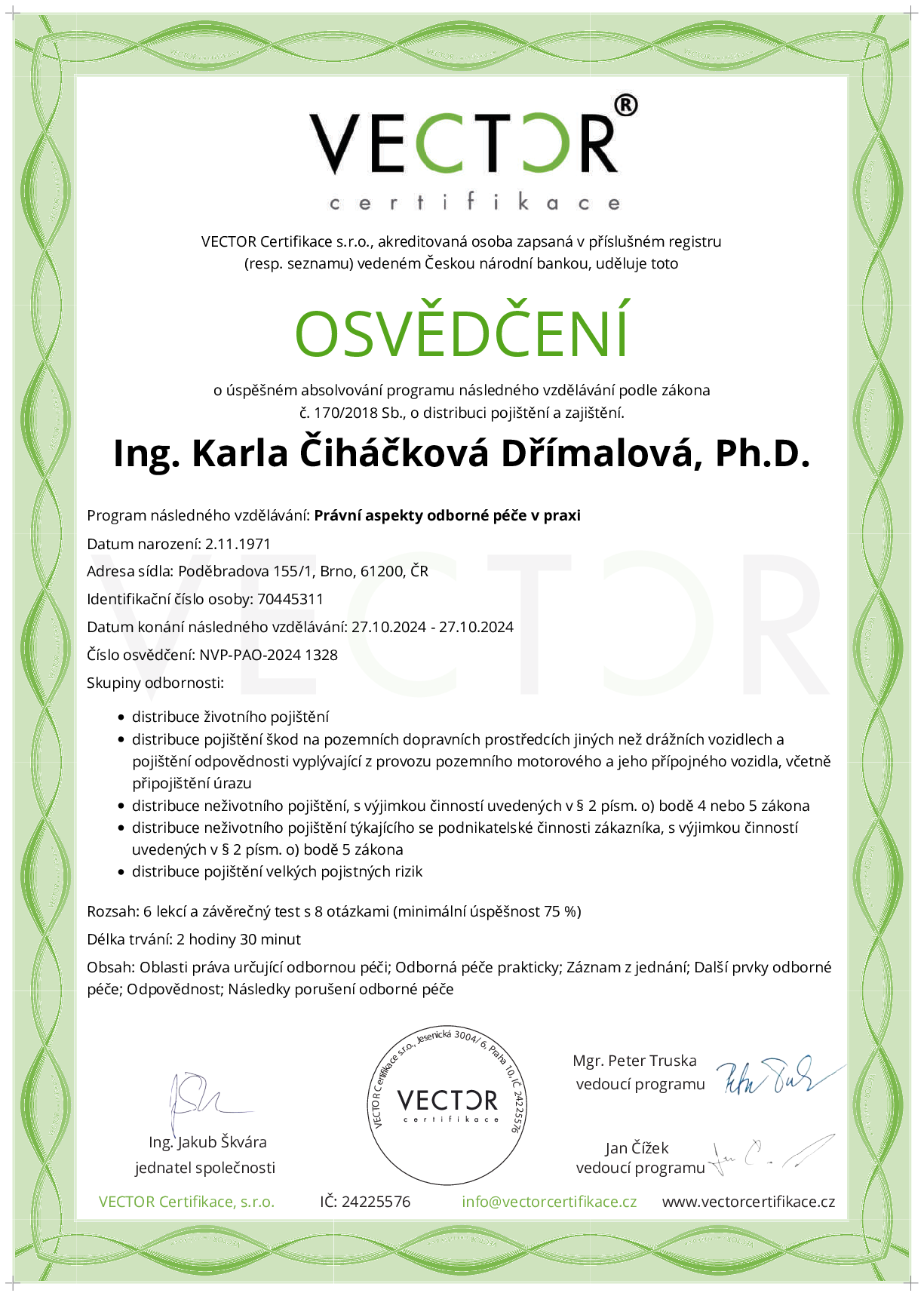 Osvědčení kurzu: Právní aspekty odborné péče v praxi (NVP-PAO-2024)