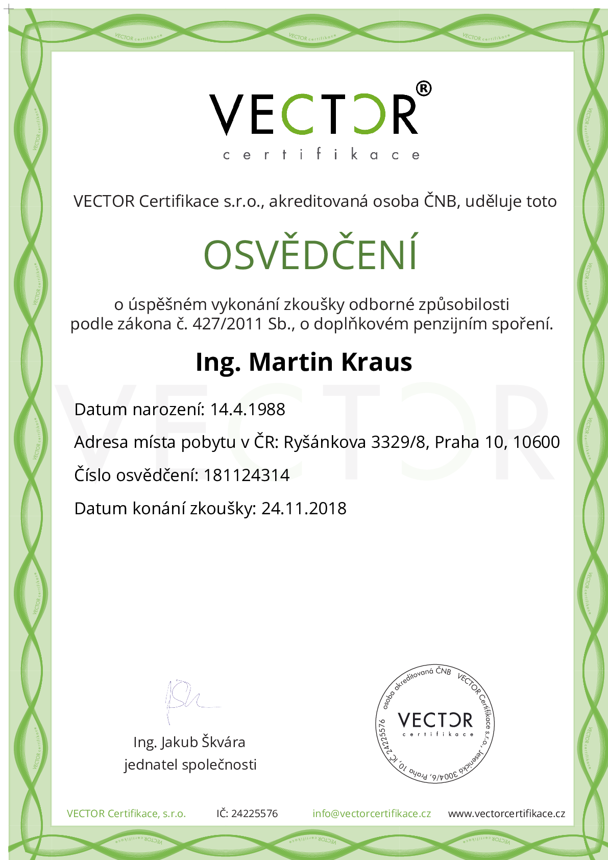 Osvědčení ze zkoušky: DPS - Doplňkové penzijní spoření