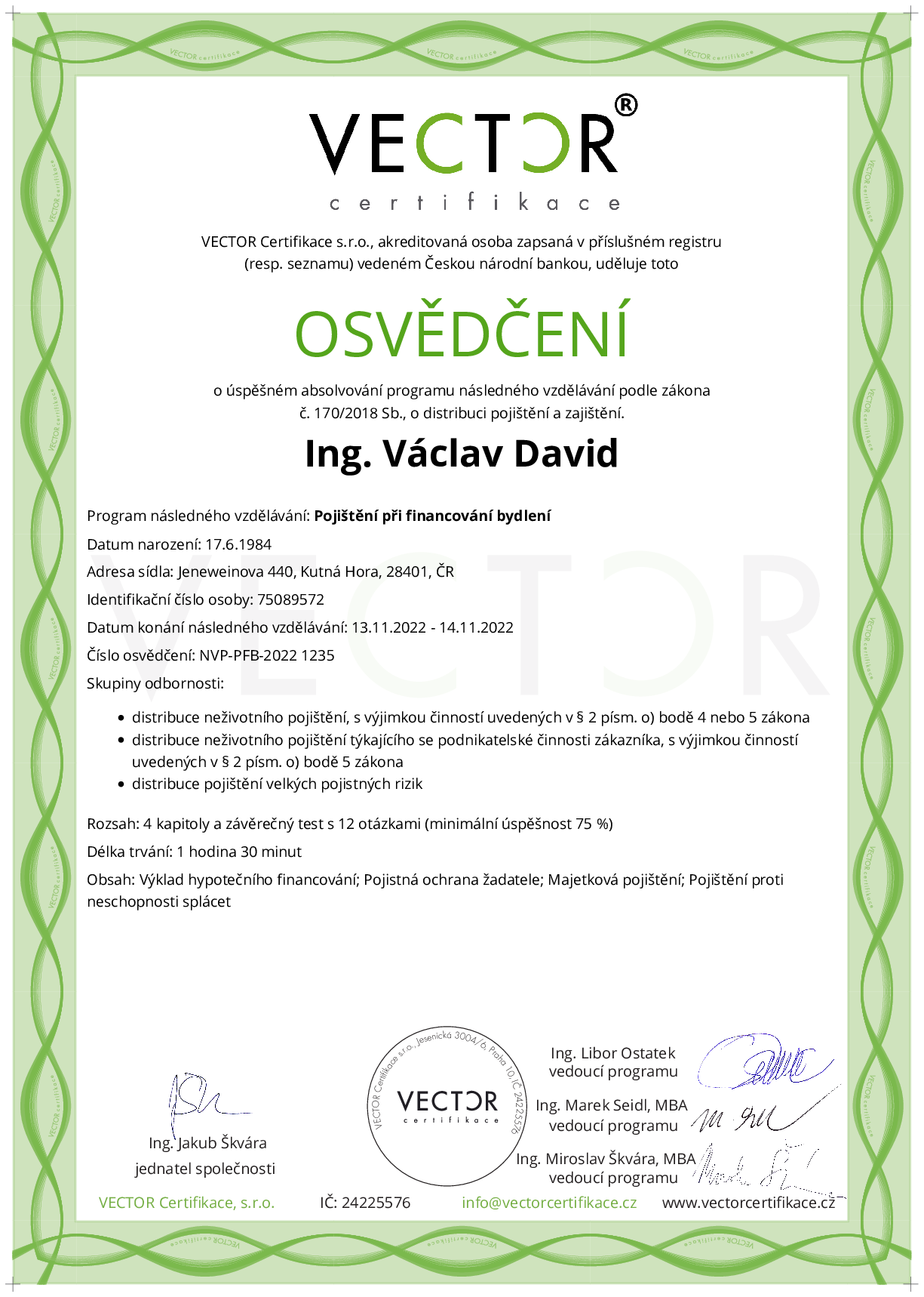 Osvědčení kurzu: Pojištění při financování bydlení (NVP-PFB-2022)