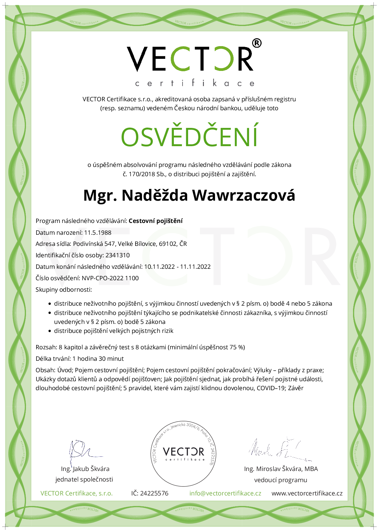 Osvědčení kurzu: Cestovní pojištění (NVP-CPO-2022)