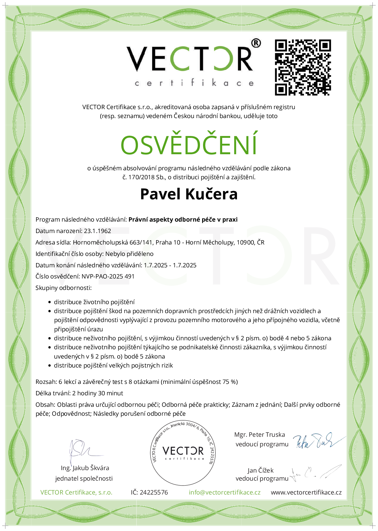 Osvědčení kurzu: Právní aspekty odborné péče v praxi (NVP-PAO-2025)