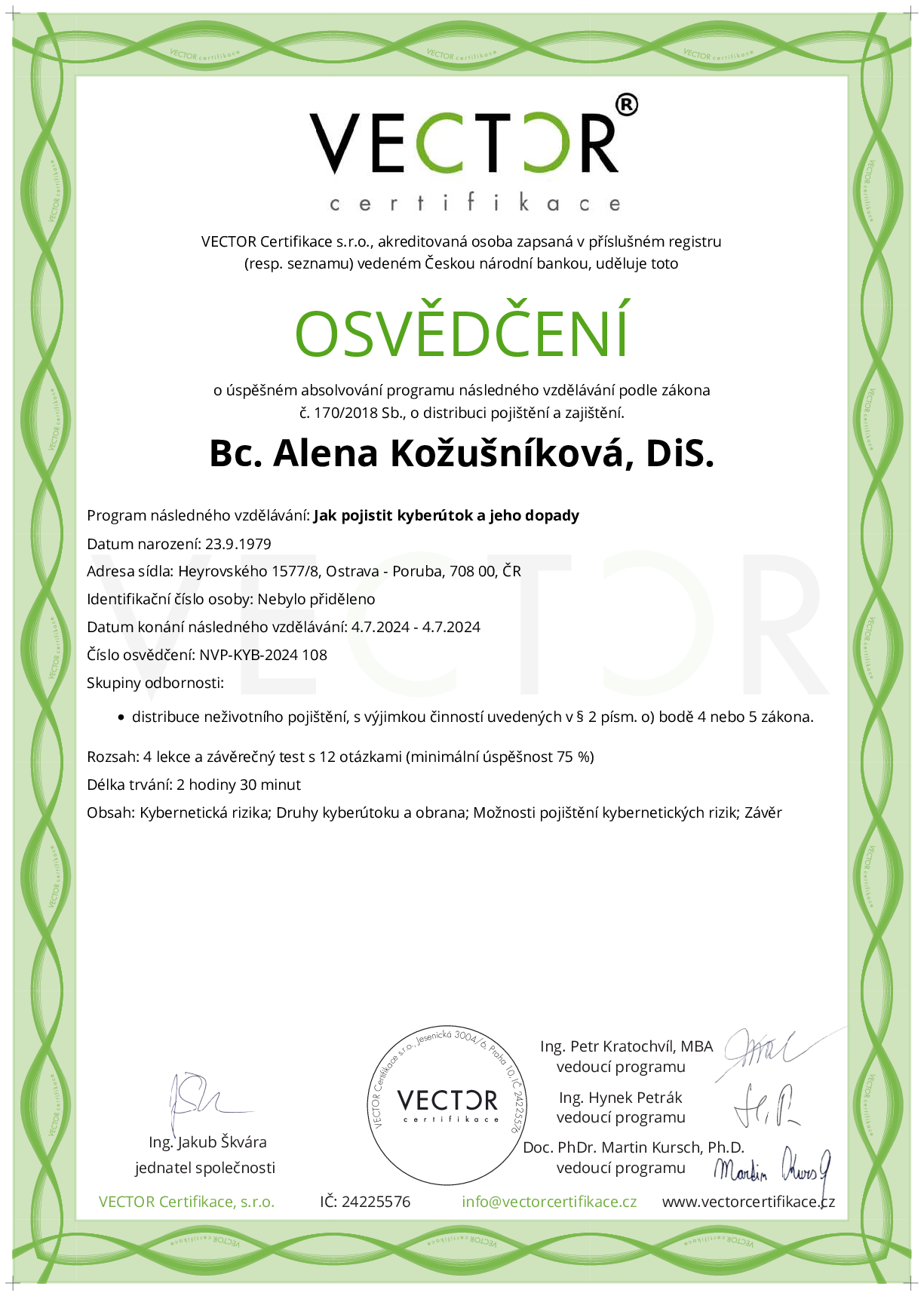 Osvědčení kurzu: Jak pojistit kyberútok a jeho dopady (NVP-KYB-2024)